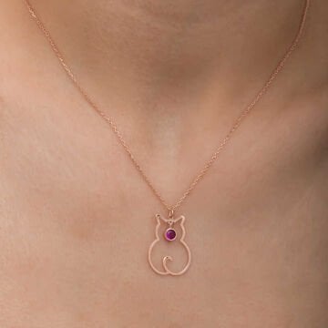 925 Ayar Gümüş Temmuz Ayı Doğum Taşı Kedi Kadın Kolye