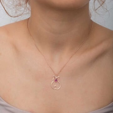 925 Ayar Gümüş Temmuz Ayı Doğum Taşı Kedi Kadın Kolye