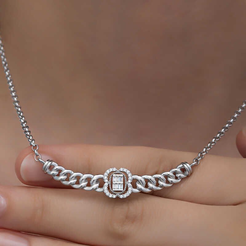 925 Ayar Gümüş Gurmet Zincirli Baget Taşlı Kadın Kolye