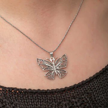 Gümüş Telkari Kelebek Kadın Kolye