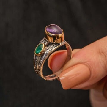 Gümüş Ametist Taşlı Zümrüt Otantik Ayarlanabilir Kadın Yüzük