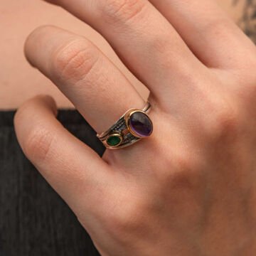 Gümüş Ametist Taşlı Zümrüt Otantik Ayarlanabilir Kadın Yüzük