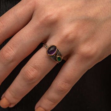 Gümüş Ametist Taşlı Zümrüt Otantik Ayarlanabilir Kadın Yüzük