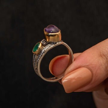 Gümüş Ametist Taşlı Zümrüt Otantik Ayarlanabilir Kadın Yüzük