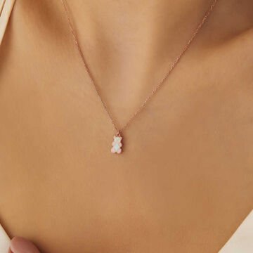 925 Ayar Gümüş Rose Renkli Ayıcık Kadın Kolye