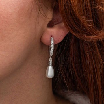 Gümüş Zirkon Taşlı Sallantılı Damla İnci Küpe