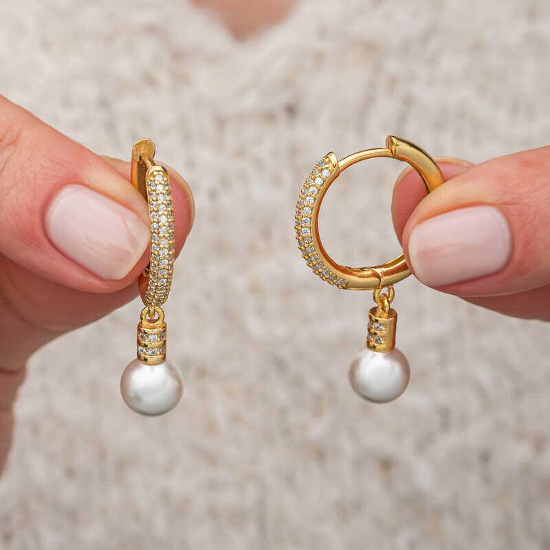Gümüş Zirkon Taşlı Gold Halka İnci Küpe