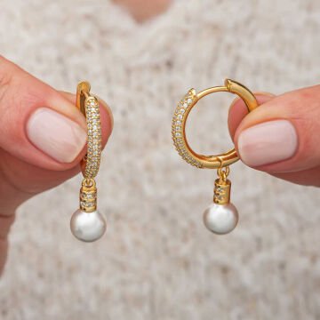 Gümüş Zirkon Taşlı Gold Halka İnci Küpe