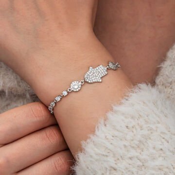 Gümüş Zirkon Taşlı Fatma Ana Eli Kadın Bileklik