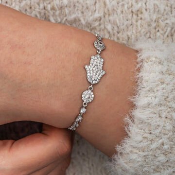 Gümüş Zirkon Taşlı Fatma Ana Eli Kadın Bileklik