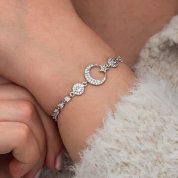 Gümüş Zirkon Taşlı Ay Yıldız Kadın Bileklik