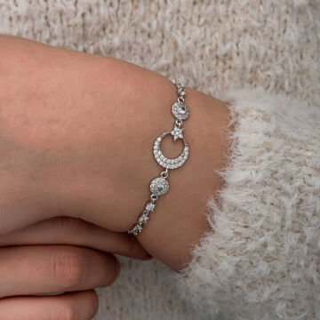 Gümüş Zirkon Taşlı Ay Yıldız Kadın Bileklik