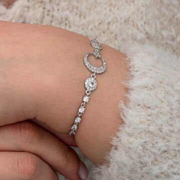 Gümüş Zirkon Taşlı Ay Yıldız Kadın Bileklik