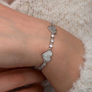 Gümüş Zirkon Taşlı Sıralı Kalp Kadın Bileklik