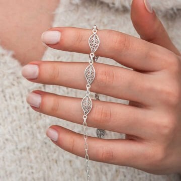 Gümüş Telkari Yaprak Desenli Kadın Bileklik