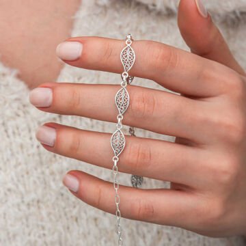 Gümüş Telkari Yaprak Desenli Kadın Bileklik