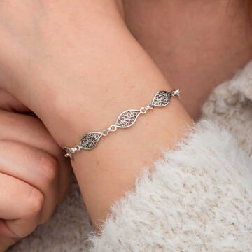 Gümüş Telkari Yaprak Desenli Kadın Bileklik