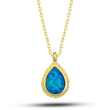 925 Ayar Gümüş Gold Damla Mavi Opal Taşlı Kadın Kolye