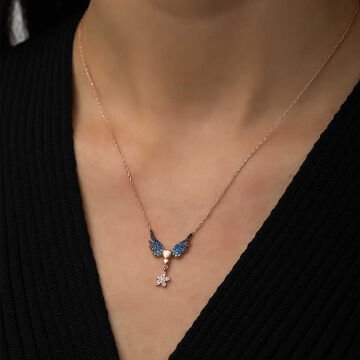 925 Ayar Gümüş Çiçekli Kanatlı Kalpli Kadın Gümüş Kolye