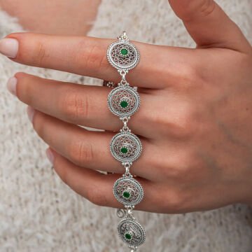 Gümüş Telkari Zümrüt Taşlı Kadın Bileklik
