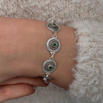 Gümüş Telkari Zümrüt Taşlı Kadın Bileklik