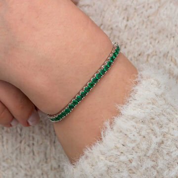 Gümüş Yeşil Zirkon Taşlı Su Yolu Kadın Bileklik