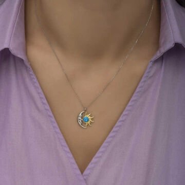 925 Ayar Gümüş Opal Mavi Taşlı Ay Güneş Kadın Kolye