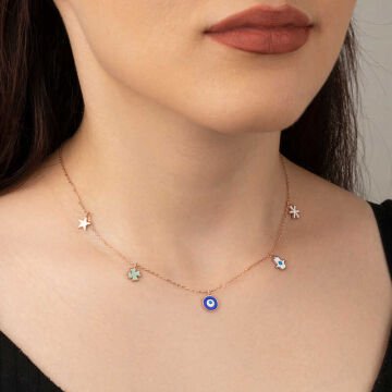 925 Ayar Gümüş Rose Nazarlı Şans Kadın Kolye