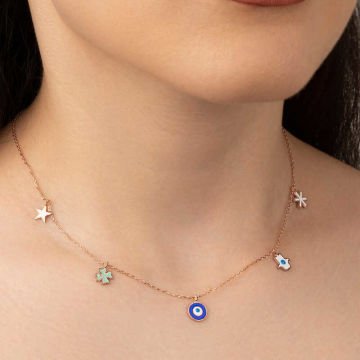 925 Ayar Gümüş Rose Nazarlı Şans Kadın Kolye