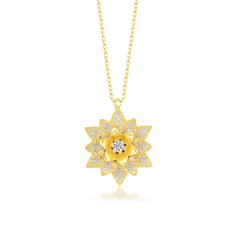 925 Ayar Gümüş Gold Beyaz Taşlı Lotus Çiçeği Kadın Kolye