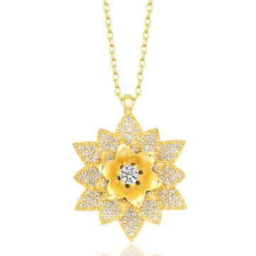 925 Ayar Gümüş Gold Beyaz Taşlı Lotus Çiçeği Kadın Kolye