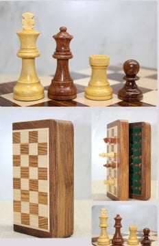 Özel Vernikli Mıknatıs Taşlı Ahşap Katlanabilir Kutulu Satranç Oyunu 12.5 Cm