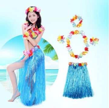 Parti Luau Aloha Havaii Partisi  Etek Taç ve Bileklik Seti Mavi