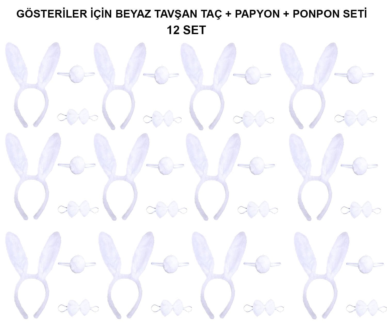 Beyaz Tavşan Kostüm Seti – Taç, Papyon, Kuyruk (12’li Paket)