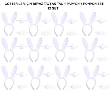Beyaz Tavşan Kostüm Seti – Taç, Papyon, Kuyruk (12’li Paket)