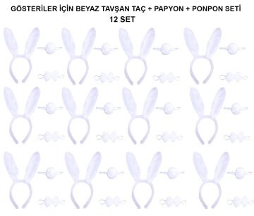 Beyaz Tavşan Kostüm Seti – Taç, Papyon, Kuyruk (12’li Paket)