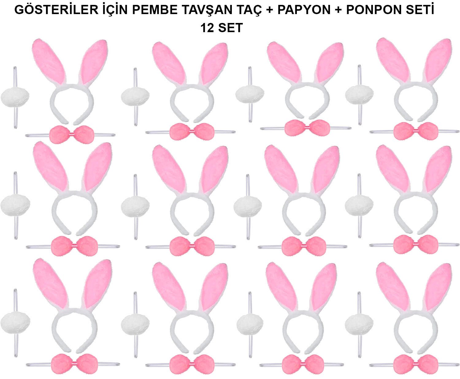 Pembe Tavşan Kostüm Seti – Taç, Papyon, Ponpon (12’li Paket)