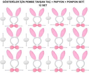Pembe Tavşan Kostüm Seti – Taç, Papyon, Ponpon (12’li Paket)