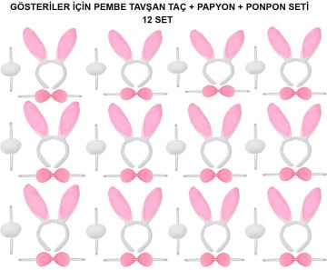 Pembe Tavşan Kostüm Seti – Taç, Papyon, Ponpon (12’li Paket)