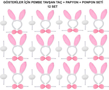 Pembe Tavşan Kostüm Seti – Taç, Papyon, Ponpon (12’li Paket)