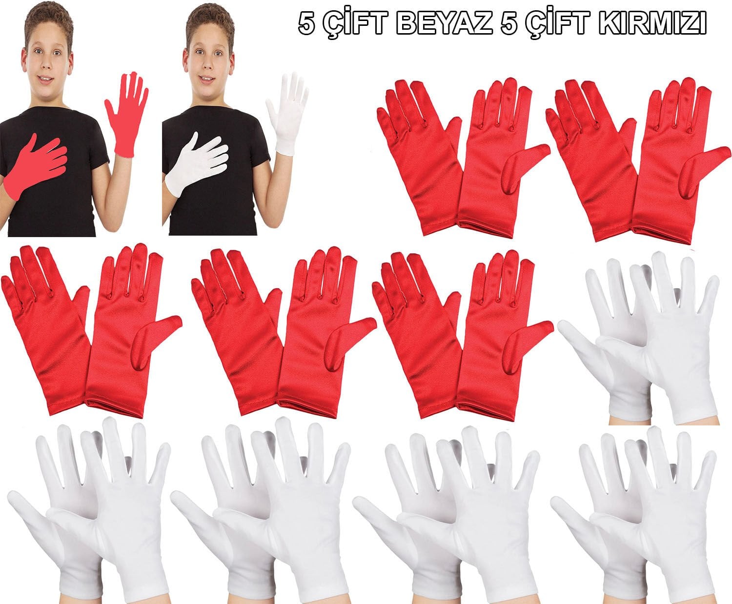 Çocuk Gösteri Eldiven Seti – 5 Çift Beyaz 5 Çift Kırmızı