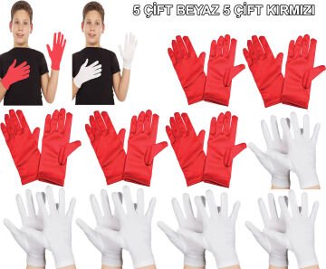 Çocuk Gösteri Eldiven Seti – 5 Çift Beyaz 5 Çift Kırmızı