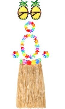 Hawaii Parti Kostüm Seti - 60 cm Hasır Etek, Çiçekli Aksesuarlar ve Ananas Gözlük