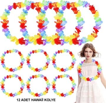 Hawaii Çiçekli Boyun Kolyesi - Renkli Tropikal Parti Leisi 12 Adet