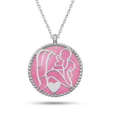 Gümüş Pembe Sedef Taşlı Anne Çocuk Sevgisi Kolye