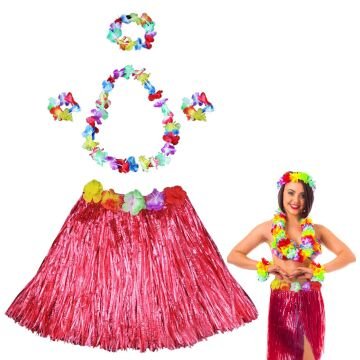 Hawaii Dans Kostümü – Kırmızı Hula Etek Çiçek Kolye Seti