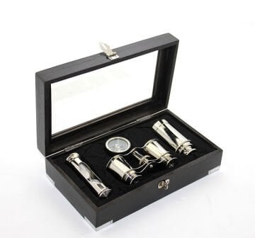 Ahşap Kutulu Pirinç Dürbün Pusula Ve Kumsaati Seti