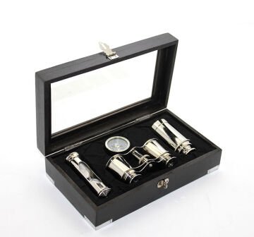 Ahşap Kutulu Pirinç Dürbün Pusula Ve Kumsaati Seti