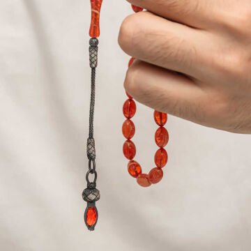 Gümüş 1000 Ayar Kazaz Püsküllü Sıkma Kehribar Tesbih