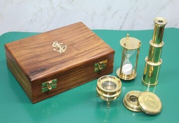 Ahşap Kutulu Dürbün,Kumsaati,Büyüteç,Pusula Seti